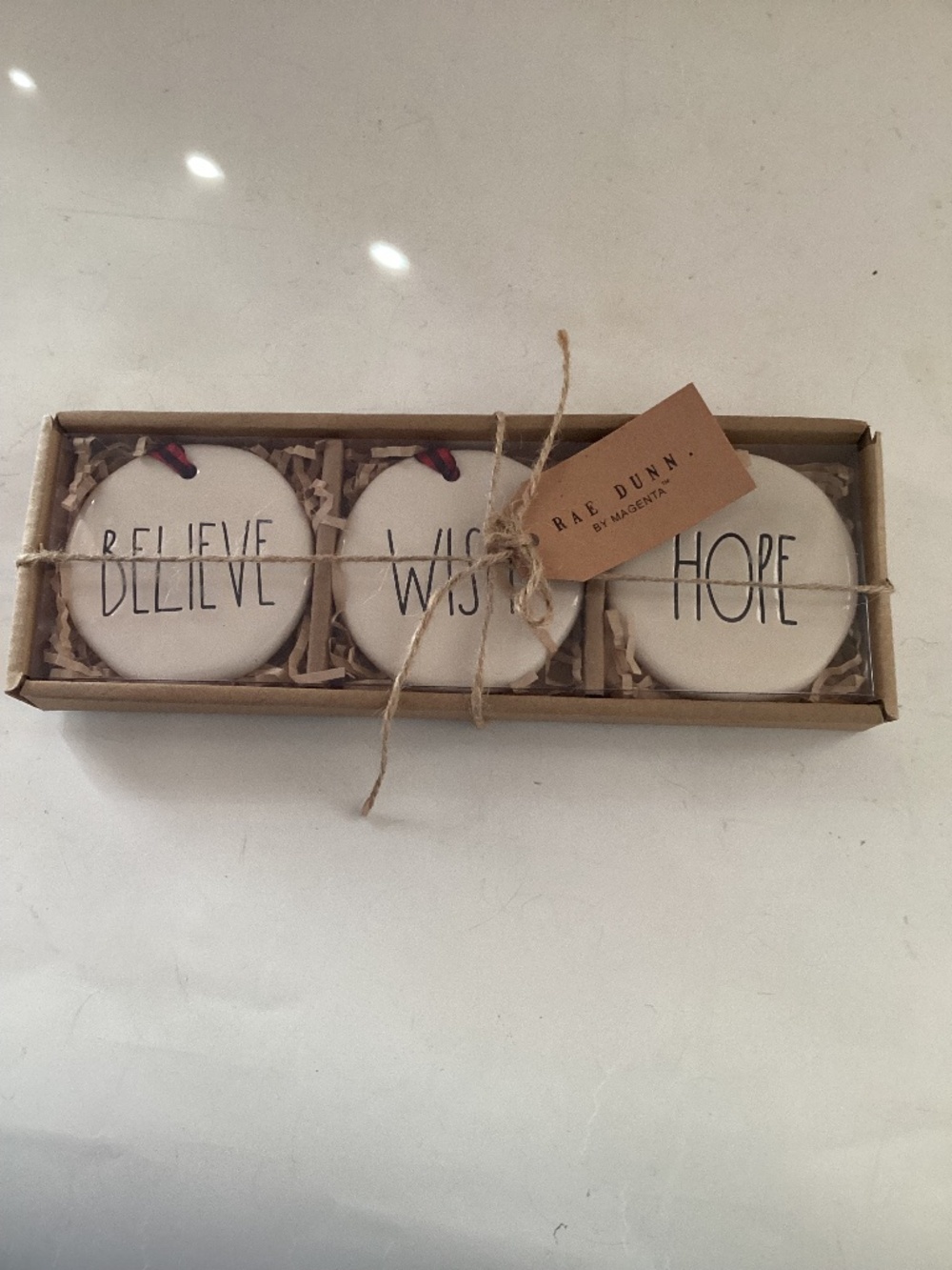 Rae Dunn set of 3 Ceramic Holiday Ornaments ‘Hope, Wish, Believe’